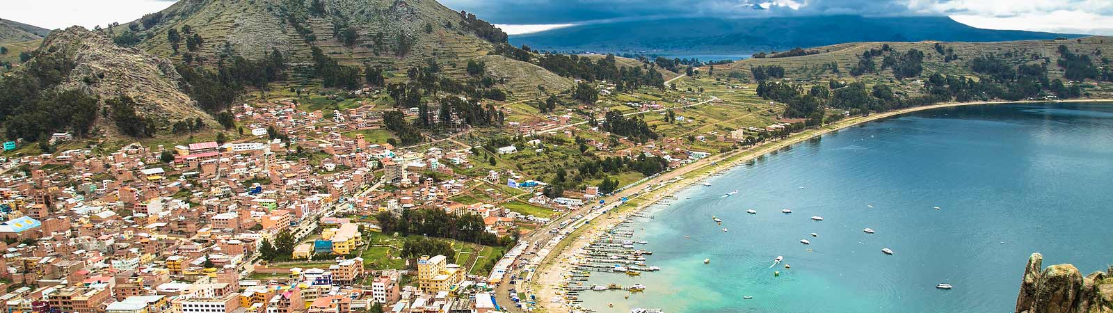 Aerial panorama of lake of Titicaca that you can view on a Bolivia vacation