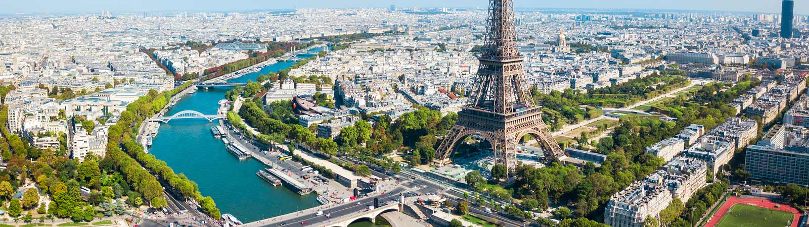 Aerial view of Paris and the Eiffel Tower on an escorted vacation to France